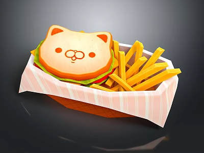 Cat Shaped Burger With French Fries In Basket And Pink Striped Napkin 3d model