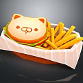 Cat Shaped Burger With French Fries In Basket And Pink Striped Napkin