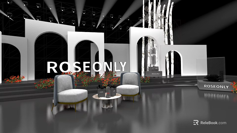 ROSEONLY Showroom Interior With Armchairs Side Table Arched Doorways Flowers And Lighting 3d model 