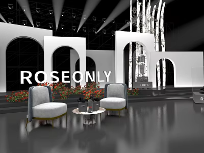 ROSEONLY Showroom Interior With Armchairs Side Table Arched Doorways Flowers And Lighting 3d model