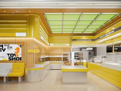 Modern Dessert Shop With Bright Yellow Interior Open Layout And Display Cases 3d model