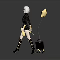 White Haired Woman In Black Gold Plaid Outfit With Gold Balloon Handbag And Black Puppy