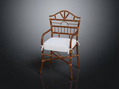 Traditional Rattan Armchair With Wooden Frame Classic Design And White Cushion 3d model