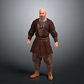 Man Wearing Medieval Robe With Belt And Brown Boots Standing Against Gray Background