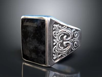 Elegant Silver Ring With Intricate Engraved Patterns And Black Square Stone 3d model