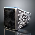 Elegant Silver Ring With Intricate Engraved Patterns And Black Square Stone 3d model