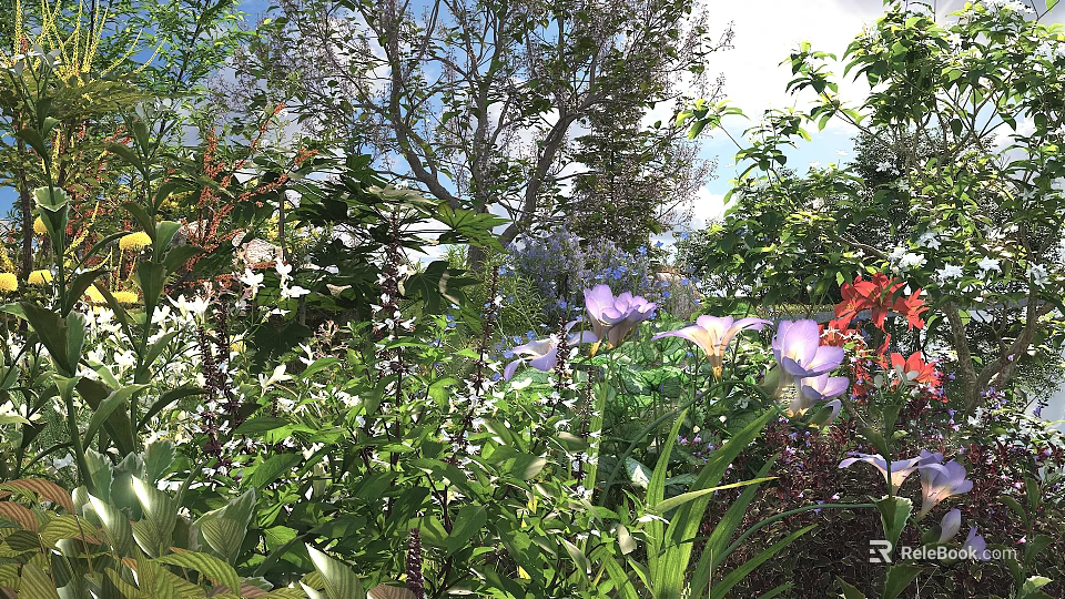 Vibrant Colorful Flowers With Green Plants In Lush Garden Under Blue Sky 3d model 