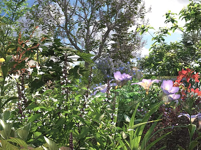 Vibrant Colorful Flowers With Green Plants In Lush Garden Under Blue Sky 3d model