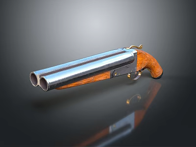 Vintage Double barrel Pistol Featuring Silver Barrels Wooden Grip Metal Parts and Gold Accents 3d model