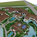 Traditional Style Hotel Building With Multi story Structure Courtyard And Water Feature
