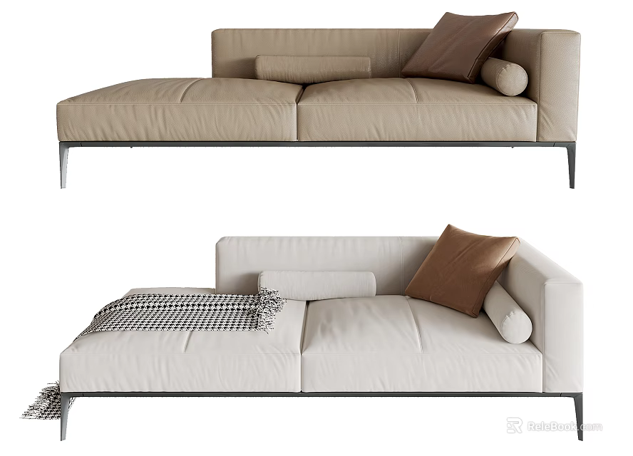 Modern Fabric Chaise Lounge in Neutral Tones with Plush Pillows and Metal Legs 3d model 