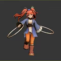 Game Movie Character 3D Model With Red Hair Horns Blue Outfit Orange Pants And Whip