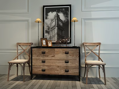 Console Table with Two Chairs Lamps Photo Frames Decorations White Wall Paneling Artwork Wooden Floor 3d model