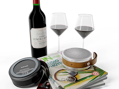 Red Wine Bottle With Two Glasses Magazines And Speaker For Leisure Moments 3d model