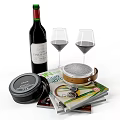 Red Wine Bottle With Two Glasses Magazines And Speaker For Leisure Moments