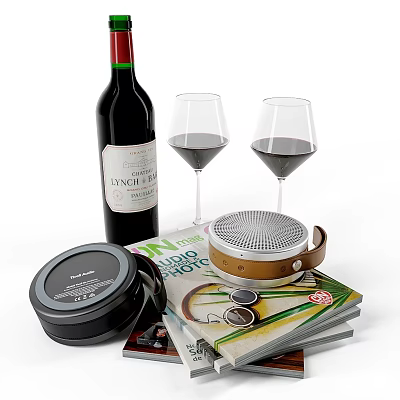 Red Wine Bottle With Two Glasses Magazines And Speaker For Leisure Moments 3d model