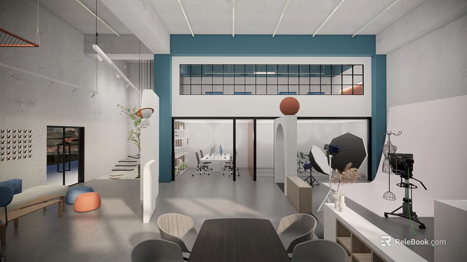 Modern Open Workspace With Mezzanine Blue Accents Office Furniture And Decorative Elements 3d model 