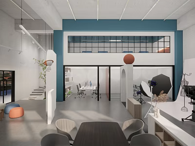 Modern Open Workspace With Mezzanine Blue Accents Office Furniture And Decorative Elements 3d model