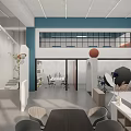 Modern Open Workspace With Mezzanine Blue Accents Office Furniture And Decorative Elements