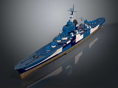 3D Rendered Blue And White Battleship With Turrets And Reflection On Gray Background 3d model