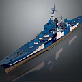3D Rendered Blue And White Battleship With Turrets And Reflection On Gray Background