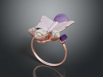 Butterfly Shaped Ring With Purple Stone And Pink Accents On Metallic Band 3d model