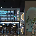 Modern Bar Interior With Bar Counter Bottle Shelves Circular Moon Lamp And Neon Lights