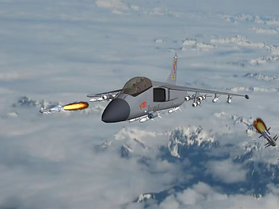 Military Fighter Jet Flying and Launching Missiles Over Mountainous Cloudy Sky 3d model