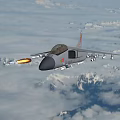 Military Fighter Jet Flying and Launching Missiles Over Mountainous Cloudy Sky