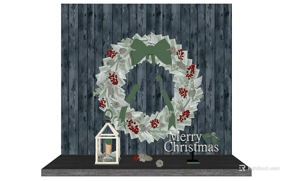 Christmas Decorative Ornament Set with Wreath Lantern Red Berries Green Bow and Wooden Background 3d model 