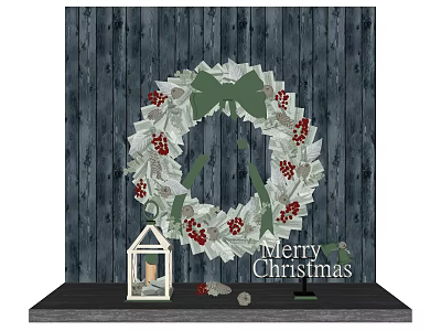Christmas Decorative Ornament Set with Wreath Lantern Red Berries Green Bow and Wooden Background 3d model