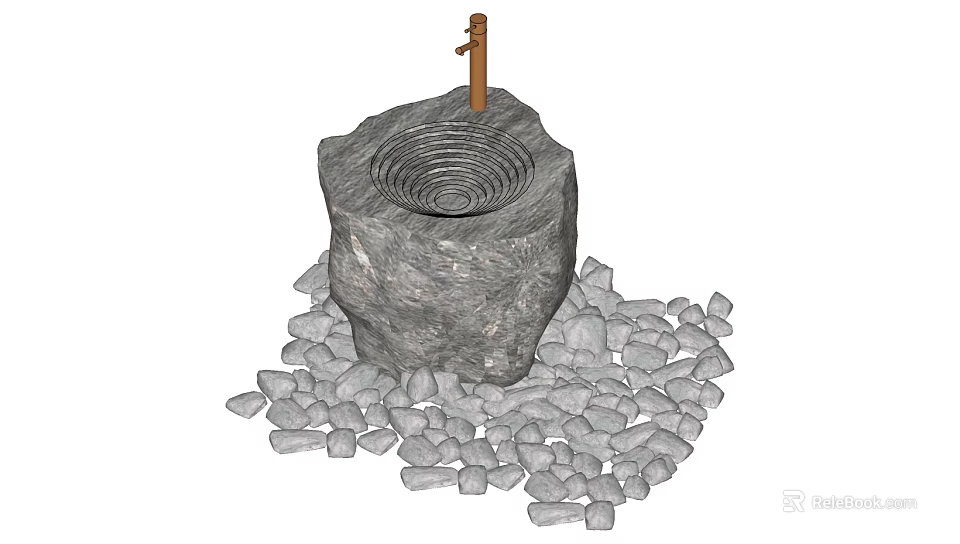 Natural Stone Washbasin With Metal Faucet Surrounded By Small Stones 3d model 