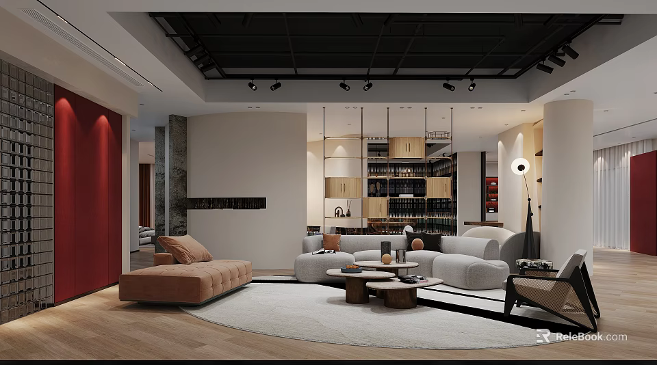 Modern Basement Living Area With Sofas Rugs Lighting And Cabinets 3d model 