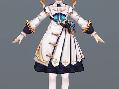 Elegant Twin Tailed Character in White Dress with Blue Gold Decorations and Floral Hem 3d model