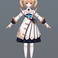 Elegant Twin Tailed Character in White Dress with Blue Gold Decorations and Floral Hem
