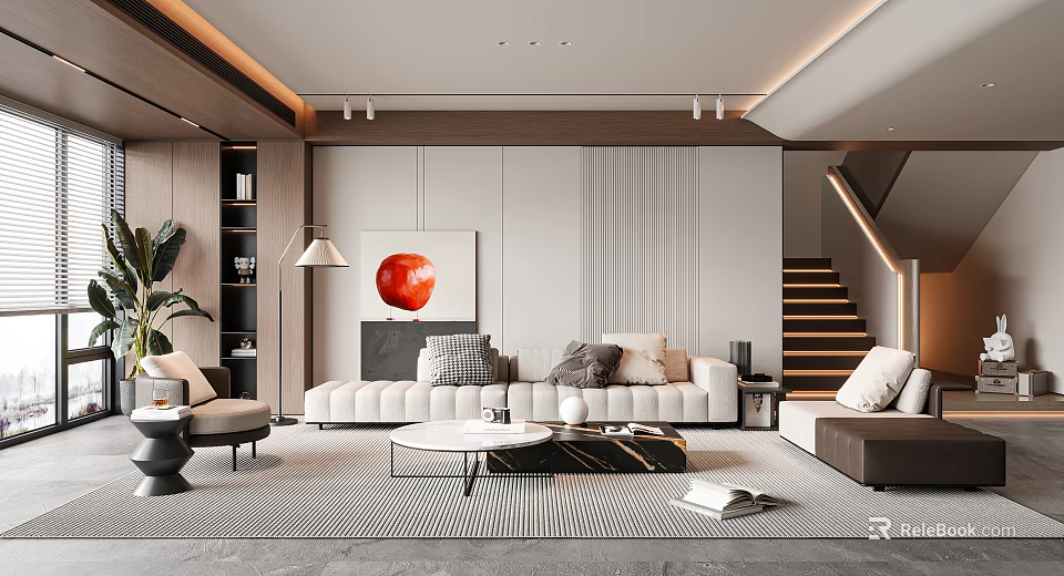 Modern Living Room Interior Design With White Sofa Coffee Table Green Plant And Red Artwork 3d model 