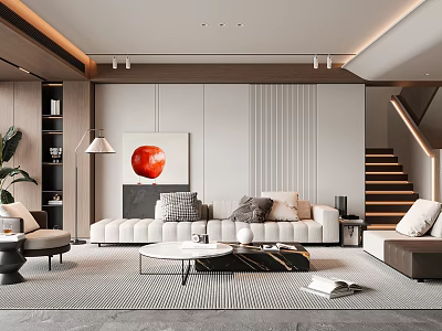 Modern Living Room Interior Design With White Sofa Coffee Table Green Plant And Red Artwork 3d model