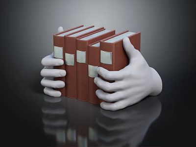 White Gloved Hands Holding Neatly Stacked Red Cover Books On Dark Reflective Surface 3d model