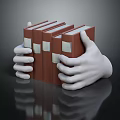 White Gloved Hands Holding Neatly Stacked Red Cover Books On Dark Reflective Surface