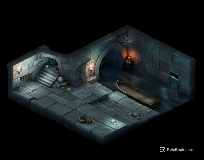 Cartoon Style Stone Cave Scene with Stone Stairs Torches Small Boat and Water Surface 3d model 