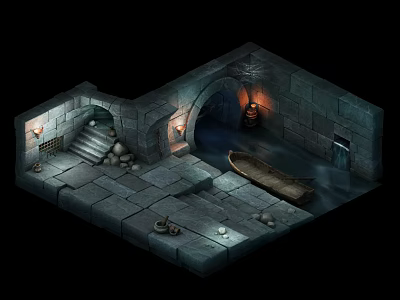 Cartoon Style Stone Cave Scene with Stone Stairs Torches Small Boat and Water Surface 3d model
