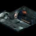 Cartoon Style Stone Cave Scene with Stone Stairs Torches Small Boat and Water Surface