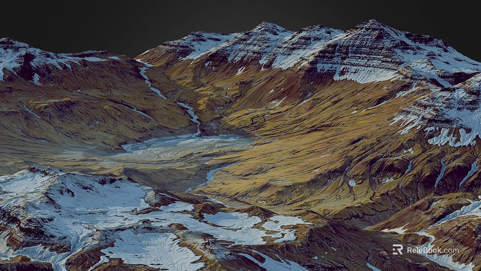 Aerial View Of Snowy Mountain Range With Snow Covered Peaks And Winding Valleys 3d model 
