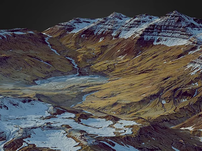 Aerial View Of Snowy Mountain Range With Snow Covered Peaks And Winding Valleys 3d model