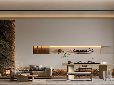 Traditional Tea House Interior With Wooden Table Tea Sets And Green Plants 3d model