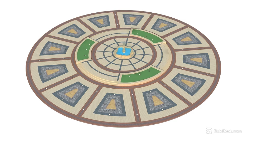 Circular Garden Ornament Design With Central Blue Feature Green Sections And Segmented Paving 3d model