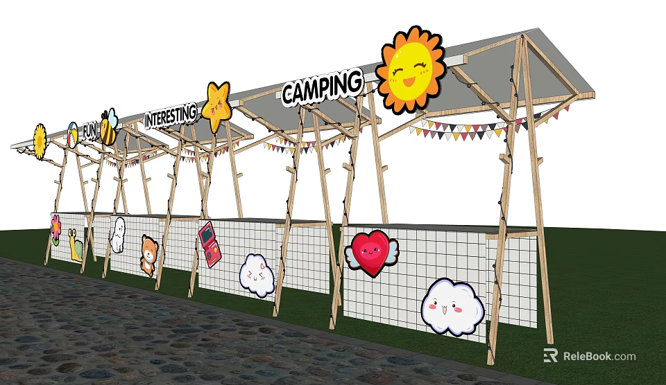 Camping Themed Wooden Canopy With Cartoon Sun Star Cloud Heart Decorations And Bunting Flags 3d model 