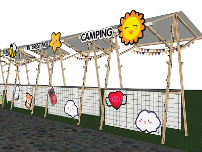Camping Themed Wooden Canopy With Cartoon Sun Star Cloud Heart Decorations And Bunting Flags 3d model