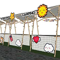 Camping Themed Wooden Canopy With Cartoon Sun Star Cloud Heart Decorations And Bunting Flags
