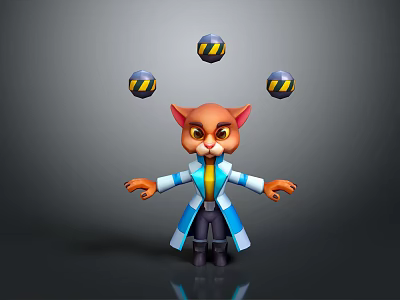 Cartoon Cat In Blue And White Striped Coat Juggling Yellow And Black Striped Balls 3d model